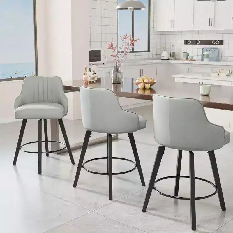 Sgabello da bar senza braccioli in ecopelle beige/grigio/verde con rotazione a 360°, gambe in legno – 1 posto a sedere