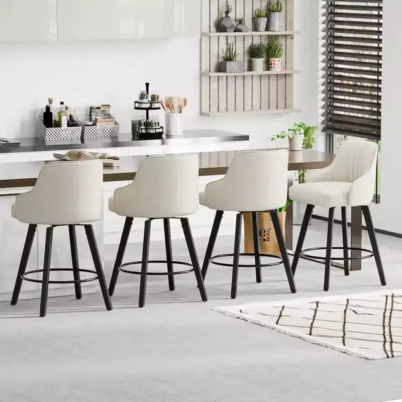 Sgabello da bar senza braccioli in ecopelle beige/grigio/verde con rotazione a 360°, gambe in legno – 1 posto a sedere
