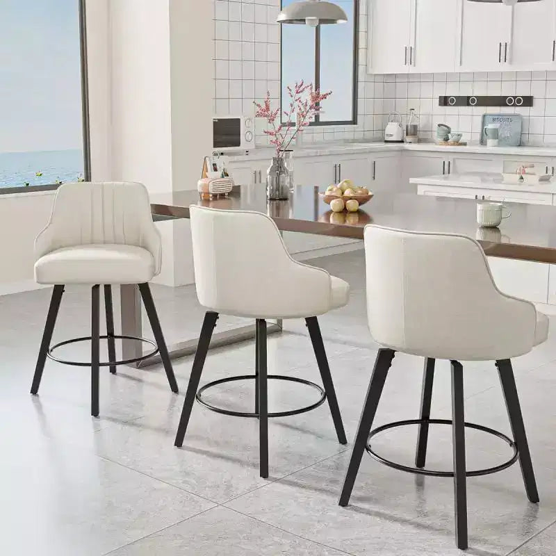 Sgabello da bar senza braccioli in ecopelle beige/grigio/verde con rotazione a 360°, gambe in legno – 1 posto a sedere