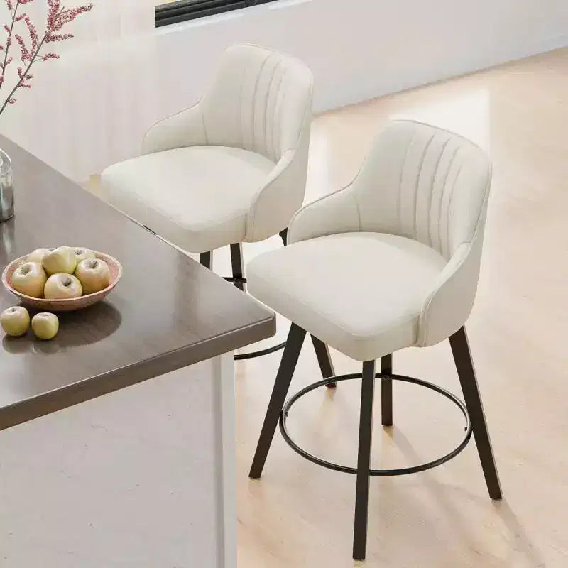 Sgabello da bar senza braccioli in ecopelle beige/grigio/verde con rotazione a 360°, gambe in legno – 1 posto a sedere
