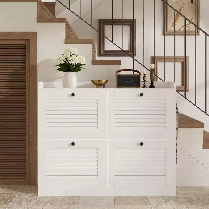 Scarpiera a ribalta a 4 ante, colore nero/bianco/legno, autoportante, contiene fino a 32 paia