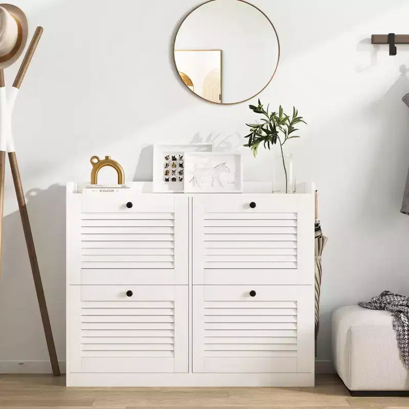 Scarpiera a ribalta a 4 ante, colore nero/bianco/legno, autoportante, contiene fino a 32 paia