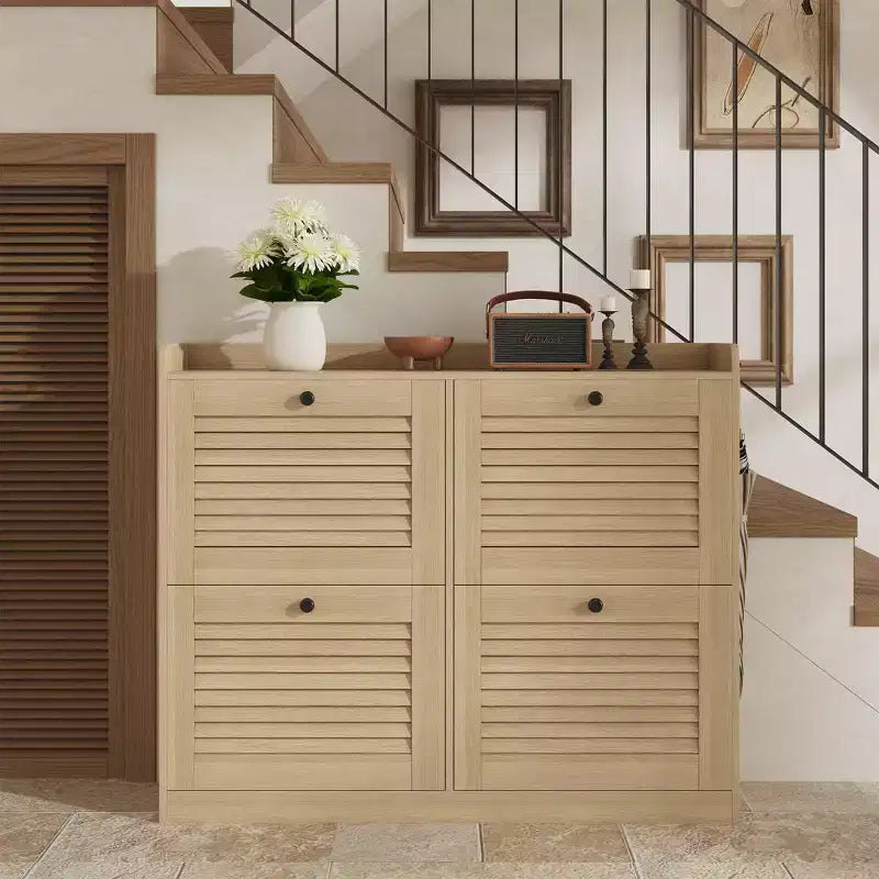 Scarpiera a ribalta a 4 ante, colore nero/bianco/legno, autoportante, contiene fino a 32 paia