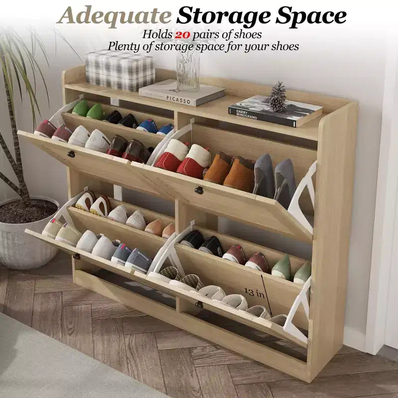 Scarpiera a ribalta a 4 ante, colore nero/bianco/legno, autoportante, contiene fino a 32 paia