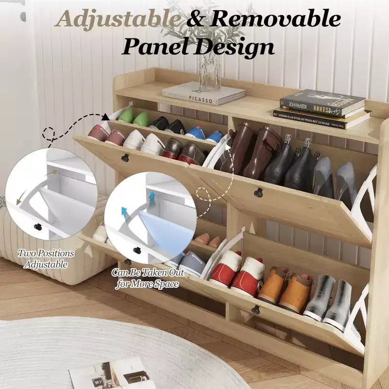 Scarpiera a ribalta a 4 ante, colore nero/bianco/legno, autoportante, contiene fino a 32 paia