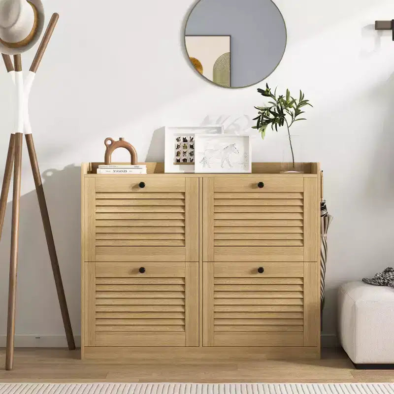 Scarpiera a ribalta a 4 ante, colore nero/bianco/legno, autoportante, contiene fino a 32 paia