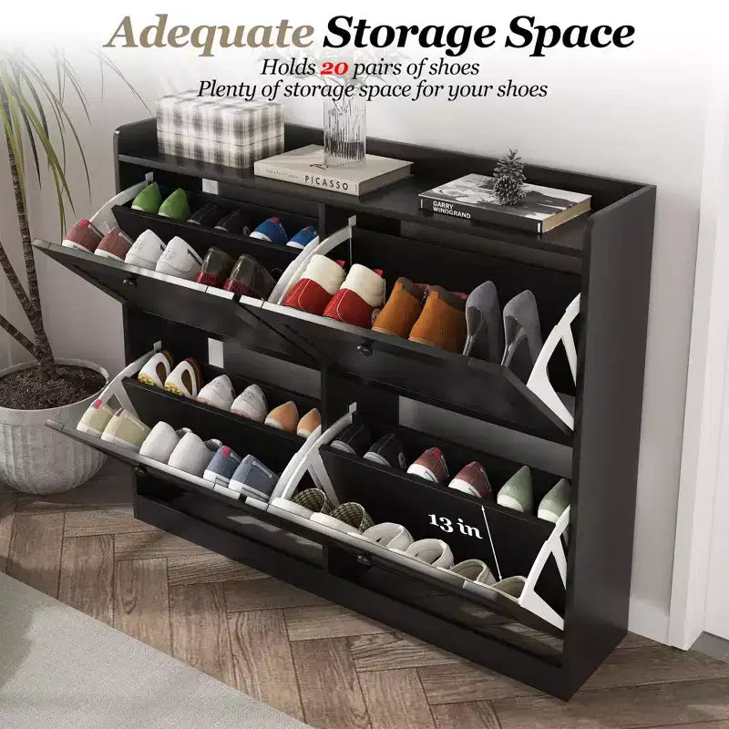 Scarpiera a ribalta a 4 ante, colore nero/bianco/legno, autoportante, contiene fino a 32 paia