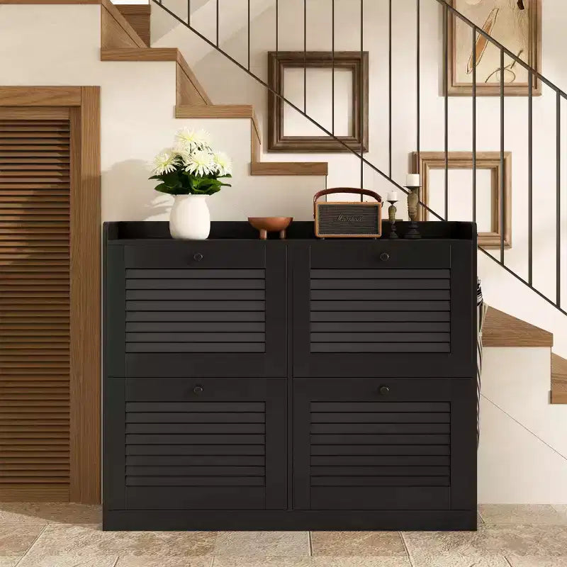 Scarpiera a ribalta a 4 ante, colore nero/bianco/legno, autoportante, contiene fino a 32 paia