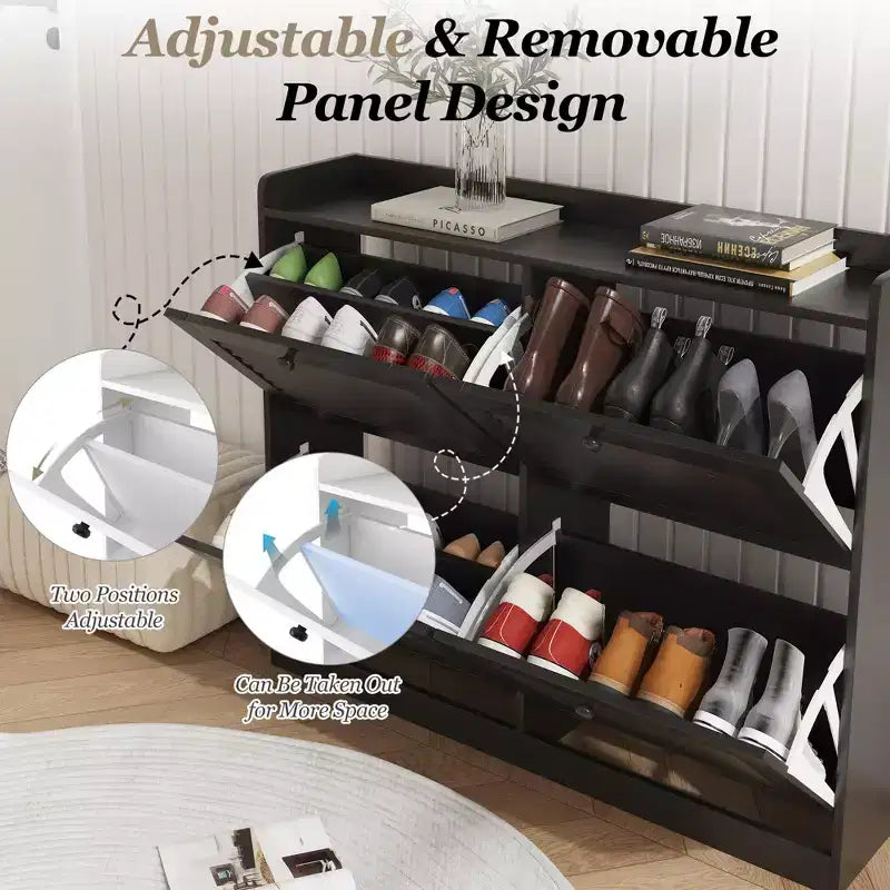 Scarpiera a ribalta a 4 ante, colore nero/bianco/legno, autoportante, contiene fino a 32 paia
