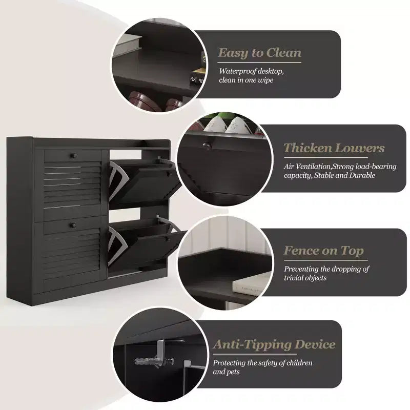 Scarpiera a ribalta a 4 ante, colore nero/bianco/legno, autoportante, contiene fino a 32 paia