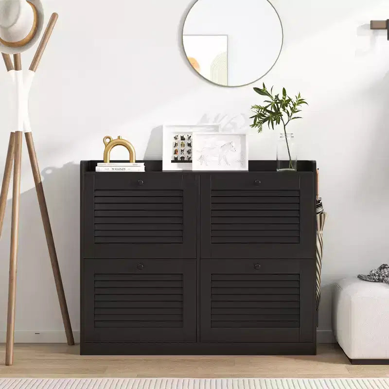 Scarpiera a ribalta a 4 ante, colore nero/bianco/legno, autoportante, contiene fino a 32 paia
