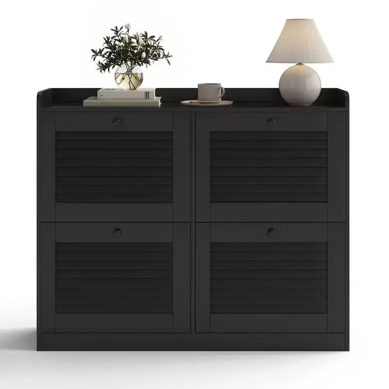Scarpiera a ribalta a 4 ante, colore nero/bianco/legno, autoportante, contiene fino a 32 paia