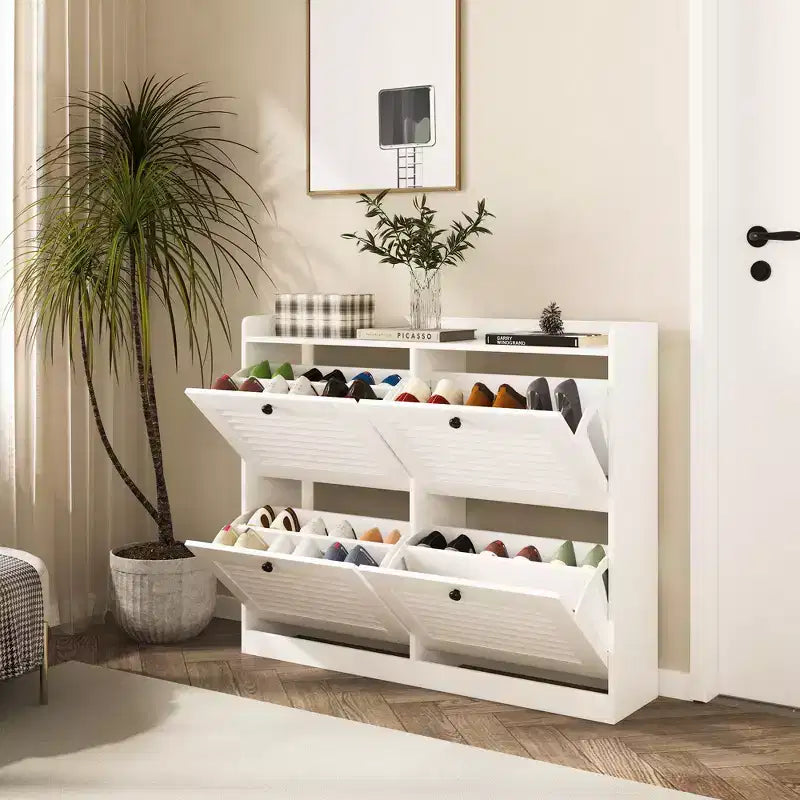 Scarpiera a ribalta a 4 ante, colore nero/bianco/legno, autoportante, contiene fino a 32 paia