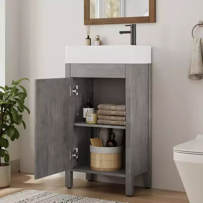 Mobiletto lavabo da bagno indipendente da 40 cm con anta a chiusura ammortizzata – Nero / Grigio / Rovere / Bianco, Monoposto