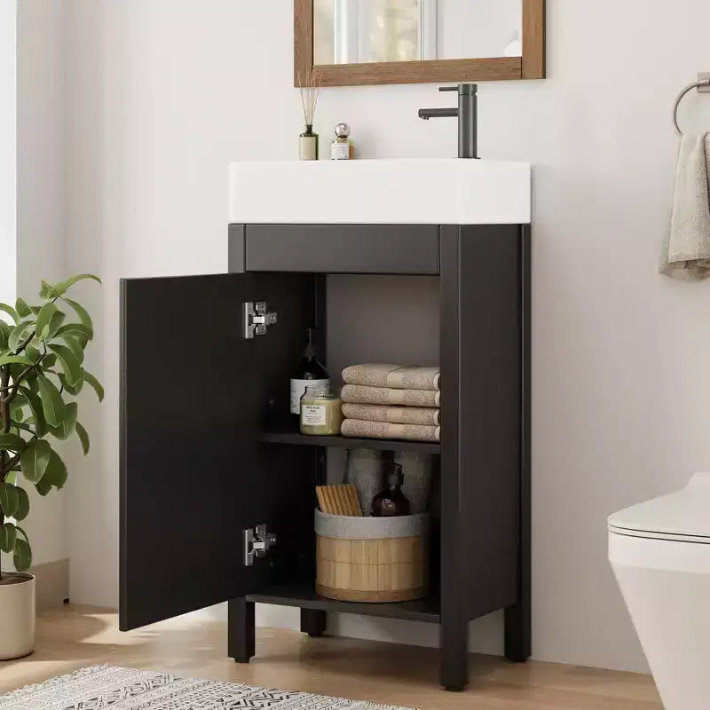 Mobiletto lavabo da bagno indipendente da 40 cm con anta a chiusura ammortizzata – Nero / Grigio / Rovere / Bianco, Monoposto