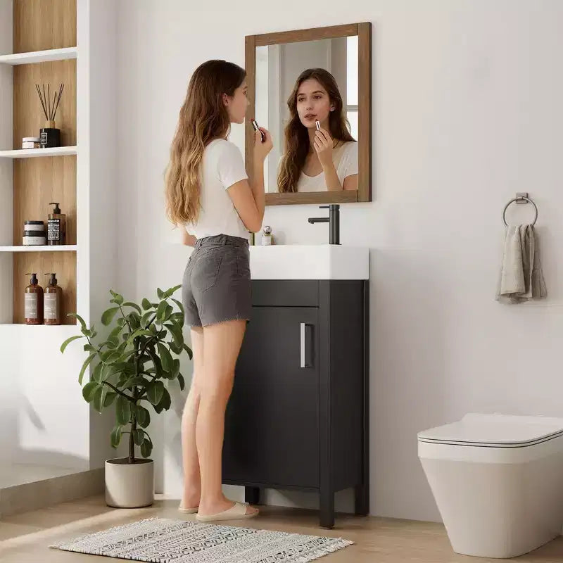 Mobiletto lavabo da bagno indipendente da 40 cm con anta a chiusura ammortizzata – Nero / Grigio / Rovere / Bianco, Monoposto