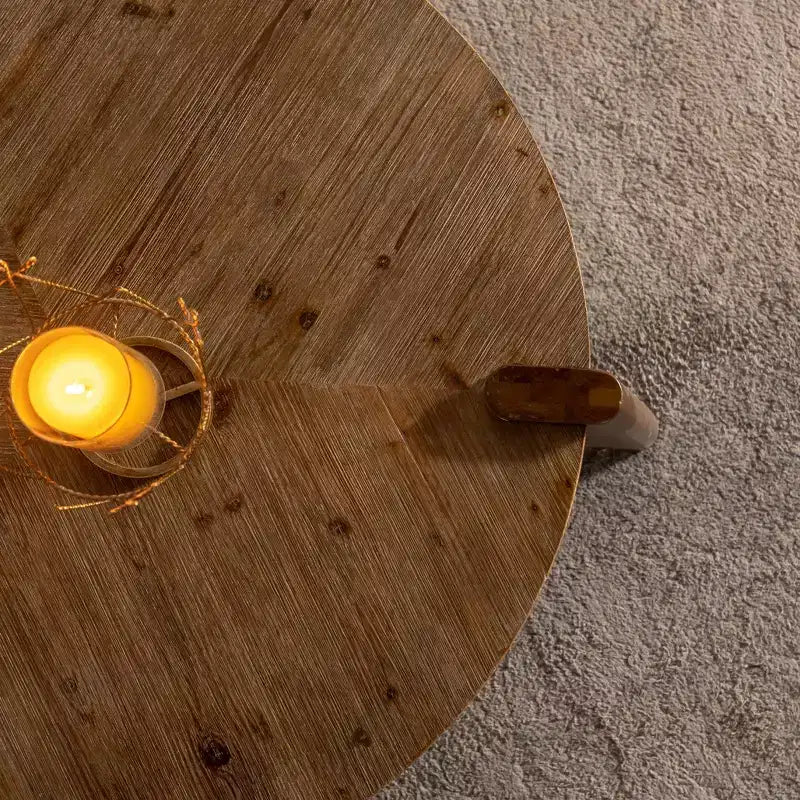 Tavolino da Caffè Rotondo Marrone a Spina di Pesce, Stile Rustico, Gambe Coniche, Posti a Sedere 1