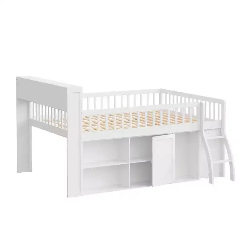 Letto a soppalco Natural/White con testiera LED e contenitore – Matrimoniale/Queen, 1 persona