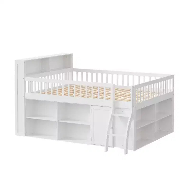 Letto a soppalco Natural/White con testiera LED e contenitore – Matrimoniale/Queen, 1 persona