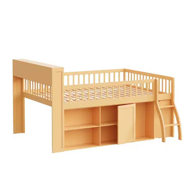 Letto a soppalco Natural/White con testiera LED e contenitore – Matrimoniale/Queen, 1 persona
