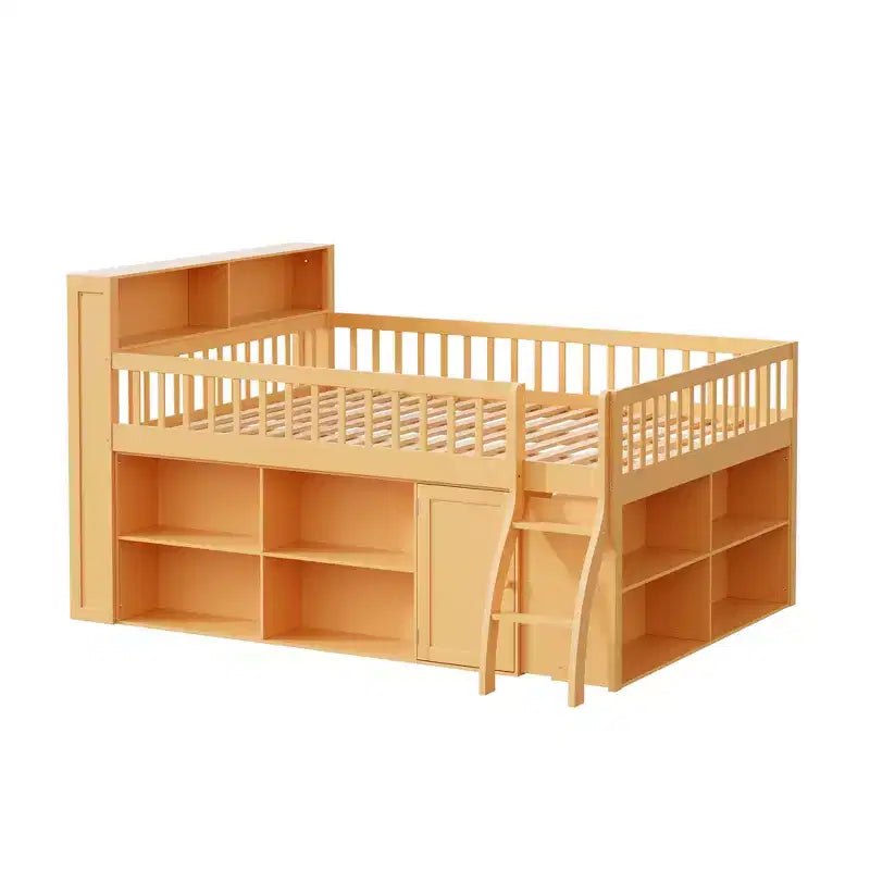 Letto a soppalco Natural/White con testiera LED e contenitore – Matrimoniale/Queen, 1 persona