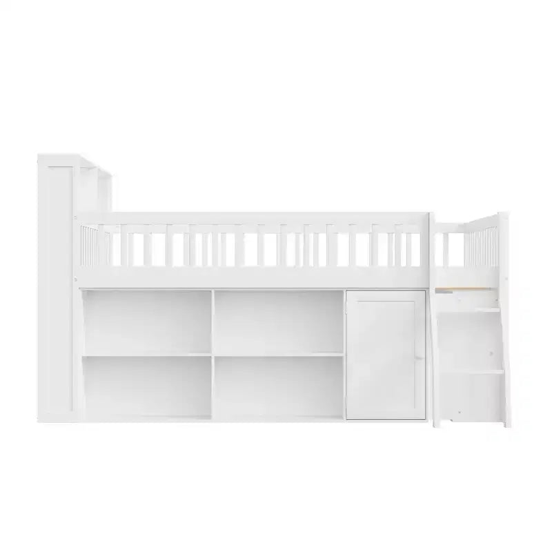 Letto a soppalco Natural/White con testiera LED e contenitore – Matrimoniale/Queen, 1 persona