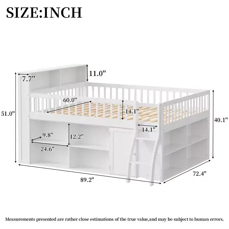 Letto a soppalco Natural/White con testiera LED e contenitore – Matrimoniale/Queen, 1 persona