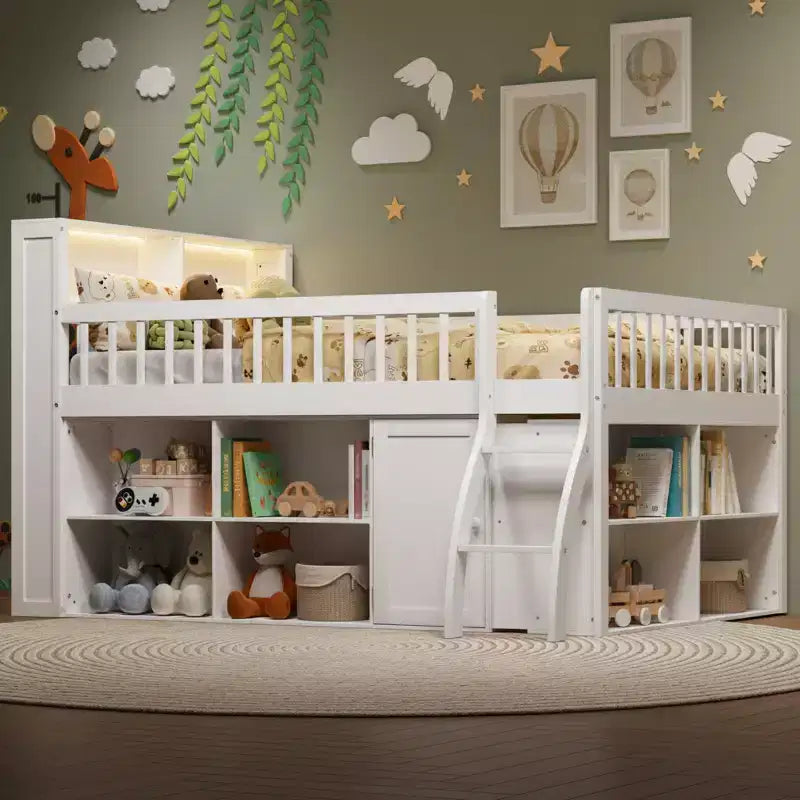 Letto a soppalco Natural/White con testiera LED e contenitore – Matrimoniale/Queen, 1 persona