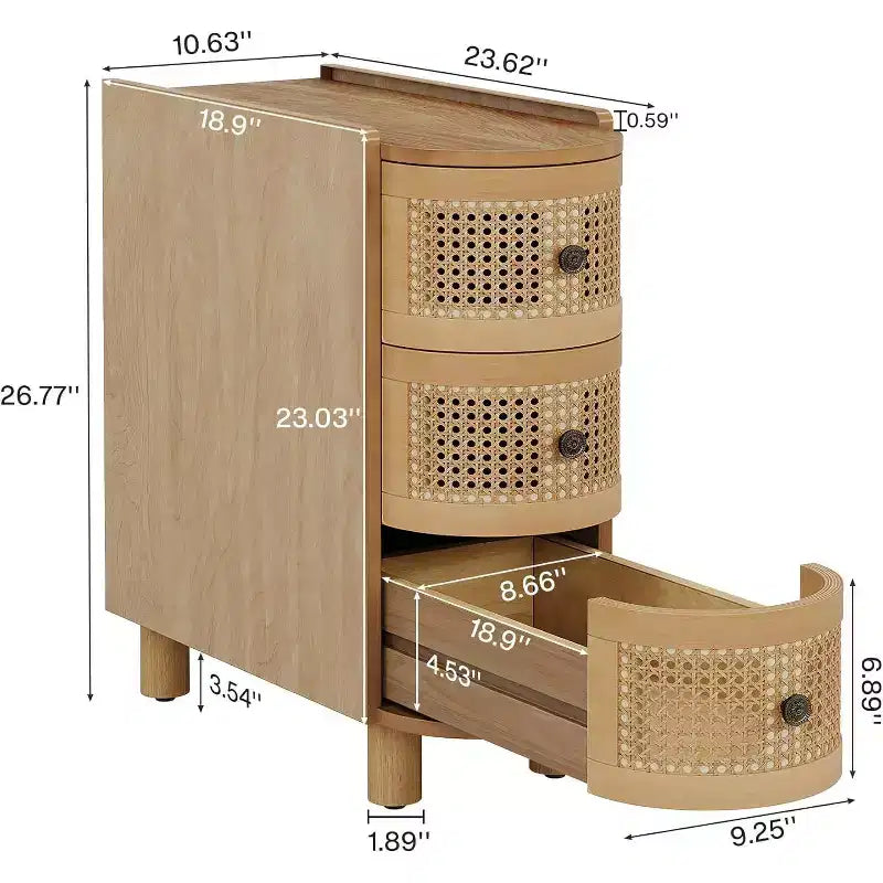 Tavolino con 3 Cassetti in Rattan Marrone, Finitura Rovere