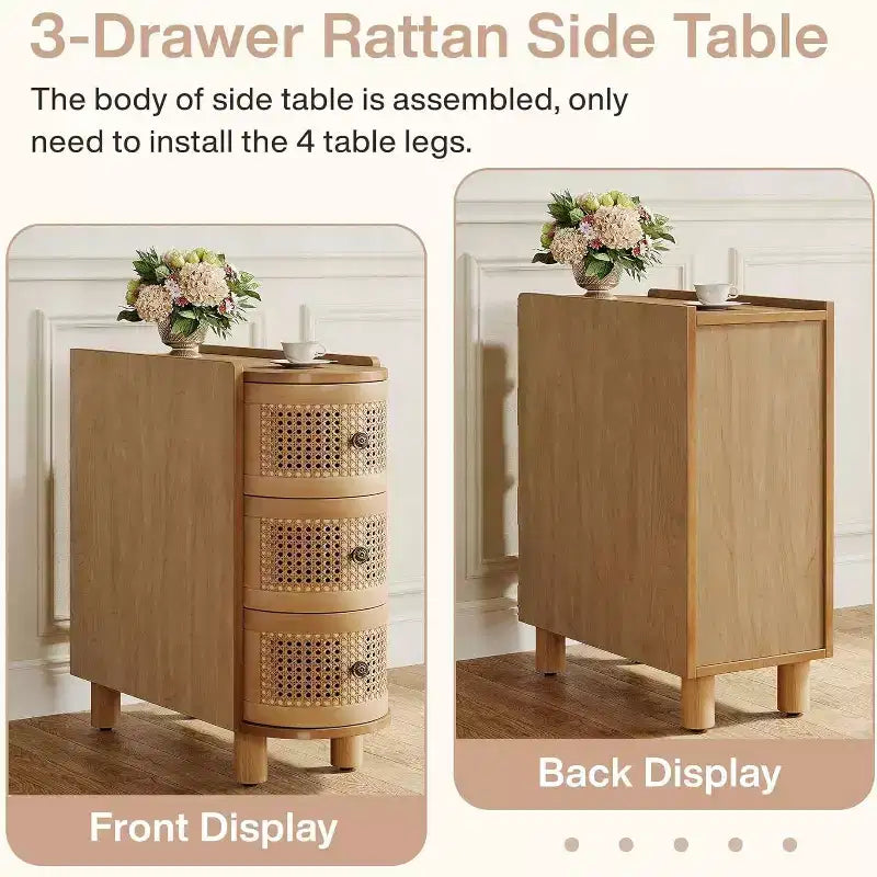 Tavolino con 3 Cassetti in Rattan Marrone, Finitura Rovere