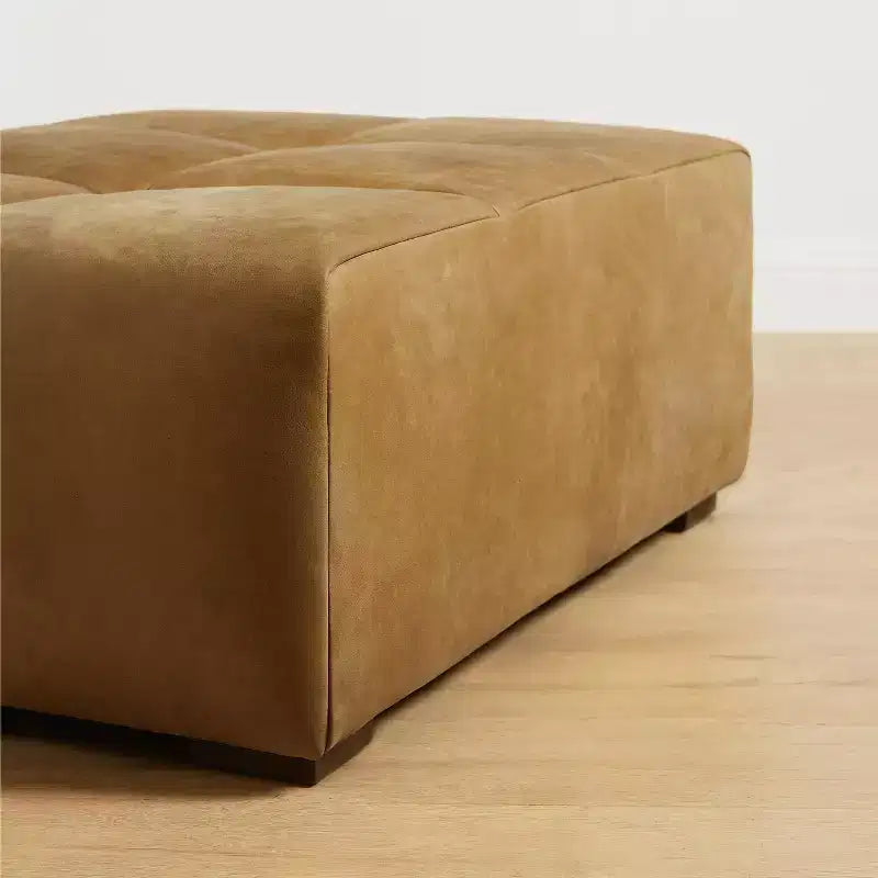 Poggiapiedi Pouf Contenitore Rettangolare in Vera Pelle Cognac / Marrone Chiaro, Singolo