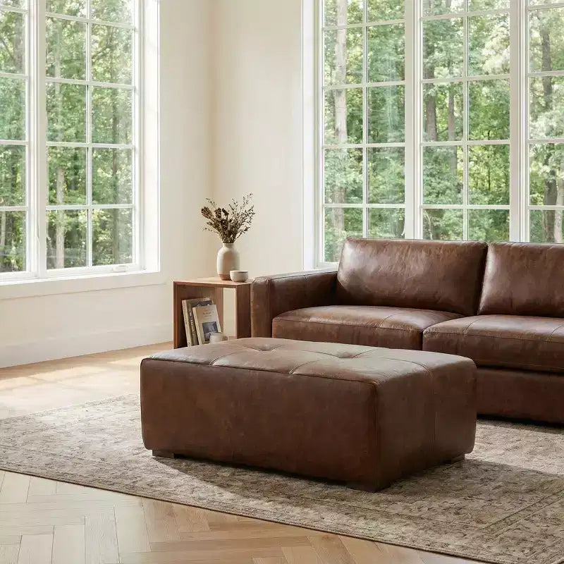 Poggiapiedi Pouf Contenitore Rettangolare in Vera Pelle Cognac / Marrone Chiaro, Singolo