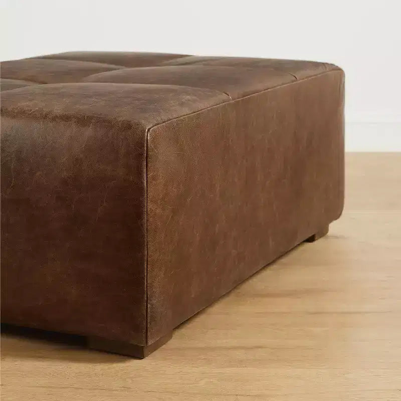 Poggiapiedi Pouf Contenitore Rettangolare in Vera Pelle Cognac / Marrone Chiaro, Singolo
