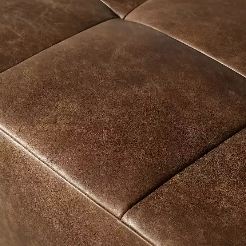 Poggiapiedi Pouf Contenitore Rettangolare in Vera Pelle Cognac / Marrone Chiaro, Singolo