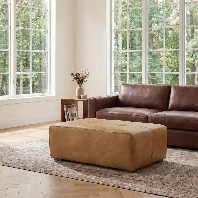 Poggiapiedi Pouf Contenitore Rettangolare in Vera Pelle Cognac / Marrone Chiaro, Singolo