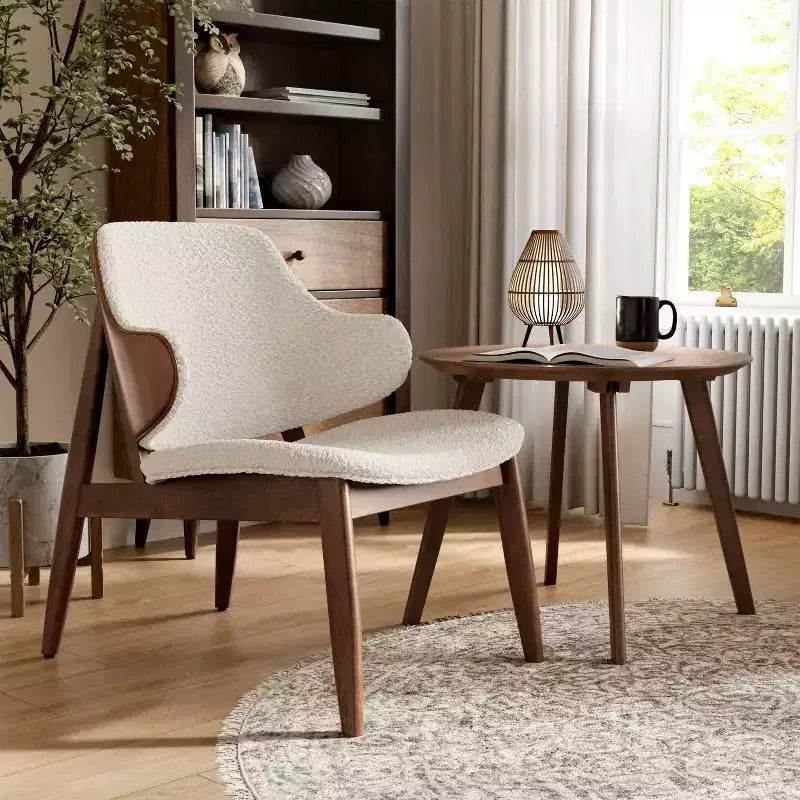 Set sedia e tavolino rotondo accent in noce a 2 posti Mid-Century