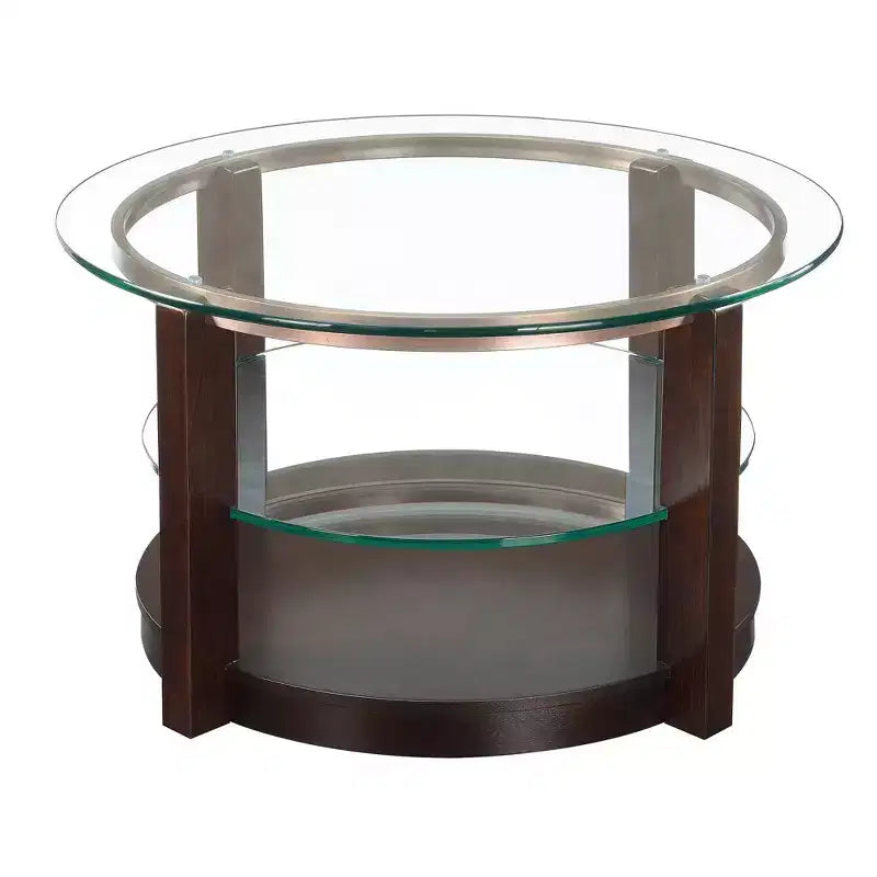 Set tavolino da caffè e tavolini laterali rotondi con ripiano in vetro, 3 pezzi, color espresso