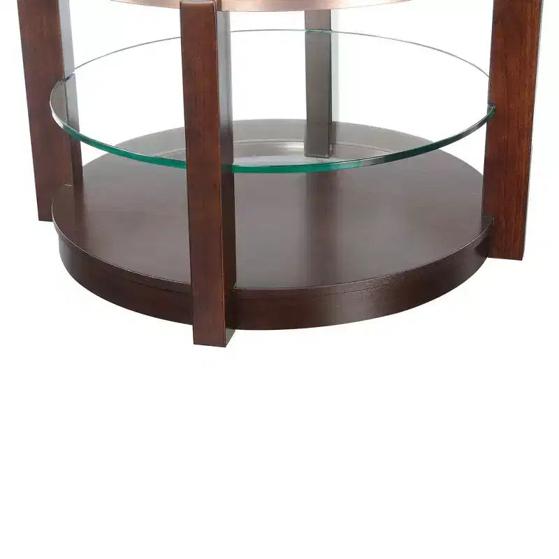 Set tavolino da caffè e tavolini laterali rotondi con ripiano in vetro, 3 pezzi, color espresso