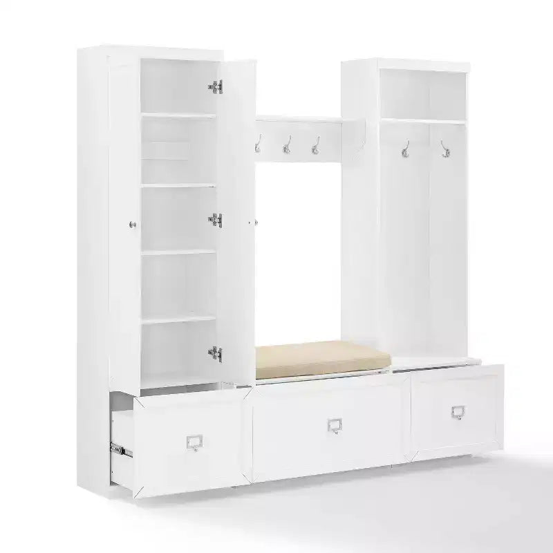 Set ingresso bianco 4 pezzi – Panchina, mensola, attaccapanni e dispensa armadio