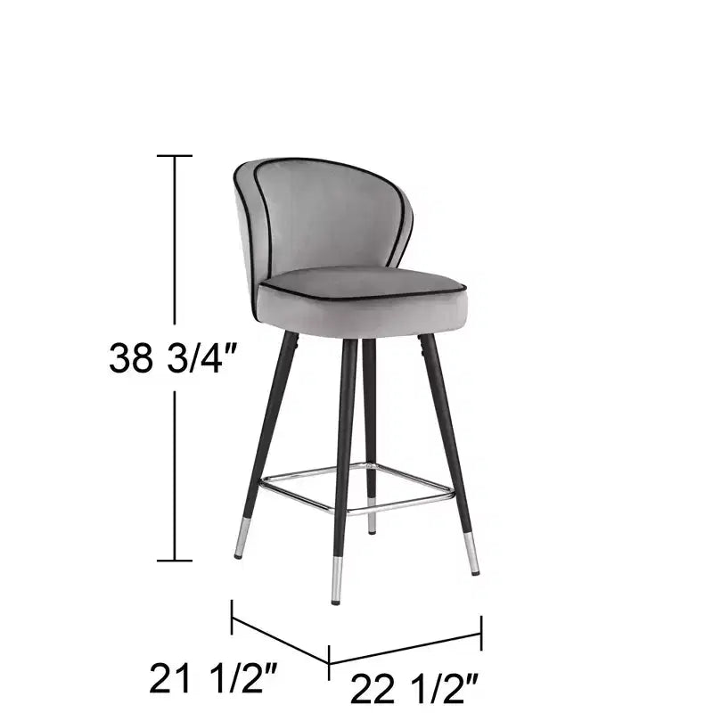 Sgabello da bancone in velluto grigio con gambe in legno nero, schienale medio, seduta singola