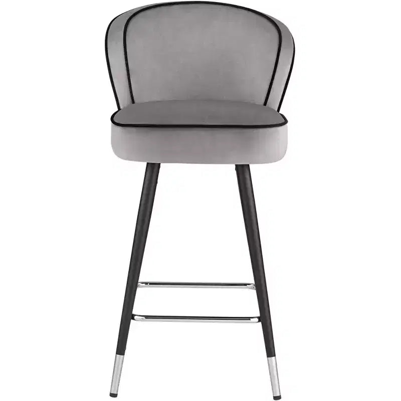 Sgabello da bancone in velluto grigio con gambe in legno nero, schienale medio, seduta singola