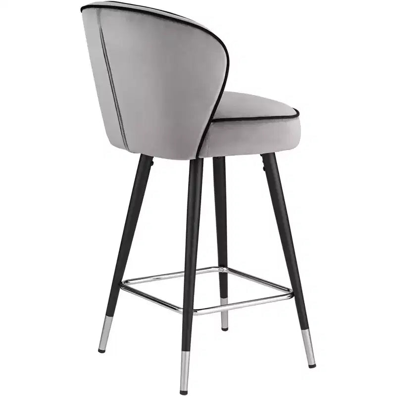 Sgabello da bancone in velluto grigio con gambe in legno nero, schienale medio, seduta singola