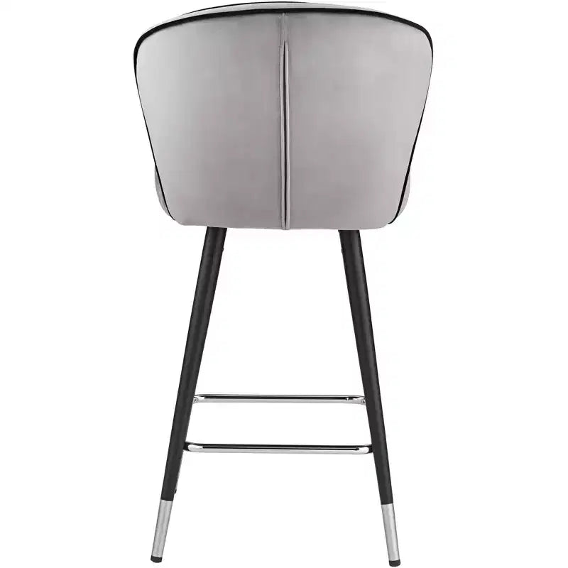 Sgabello da bancone in velluto grigio con gambe in legno nero, schienale medio, seduta singola