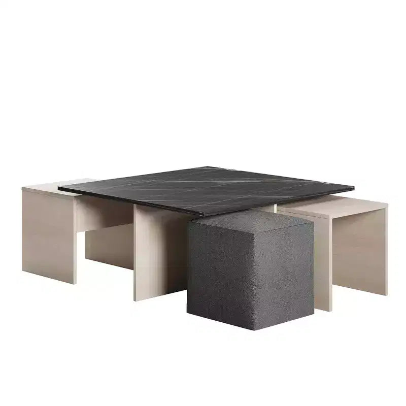 Set 5 Pezzi Tavolino da Caffè Nidificato e Ottomana in Marmo Naturale/Beige e Bianco/Nero