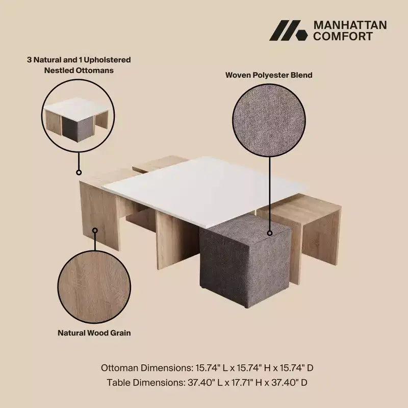 Set 5 Pezzi Tavolino da Caffè Nidificato e Ottomana in Marmo Naturale/Beige e Bianco/Nero