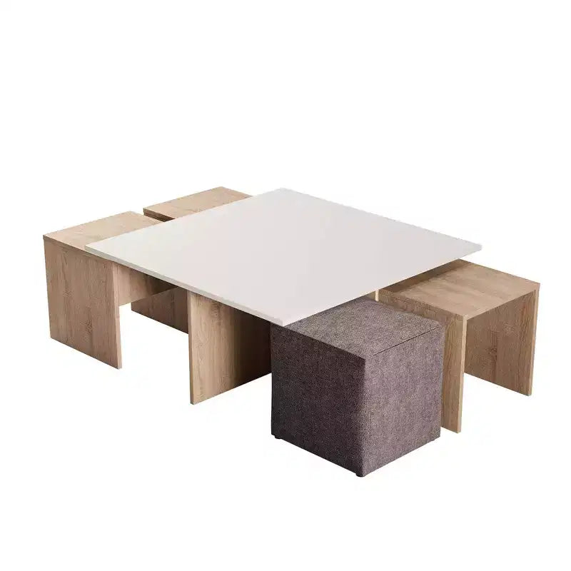 Set 5 Pezzi Tavolino da Caffè Nidificato e Ottomana in Marmo Naturale/Beige e Bianco/Nero