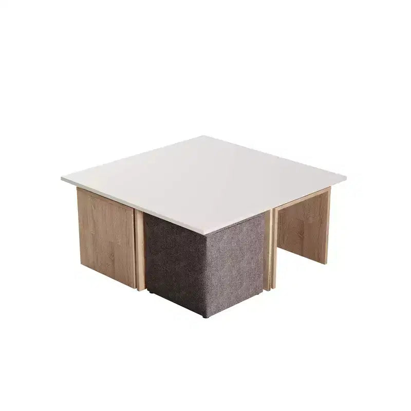 Set 5 Pezzi Tavolino da Caffè Nidificato e Ottomana in Marmo Naturale/Beige e Bianco/Nero