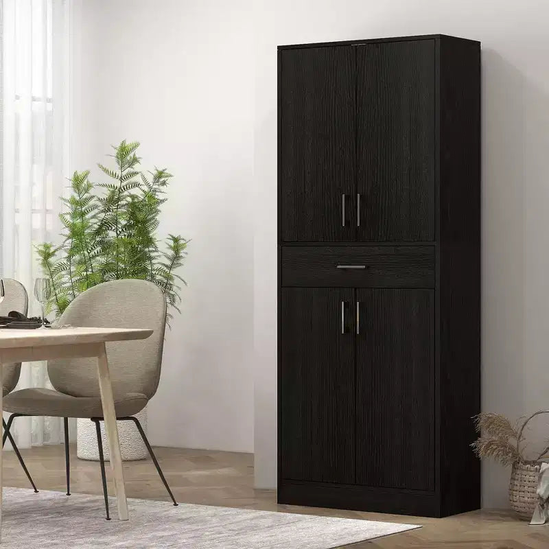 Dispensa da cucina indipendente in legno nero anticato, con 4 ante e cassetto, 1 persona