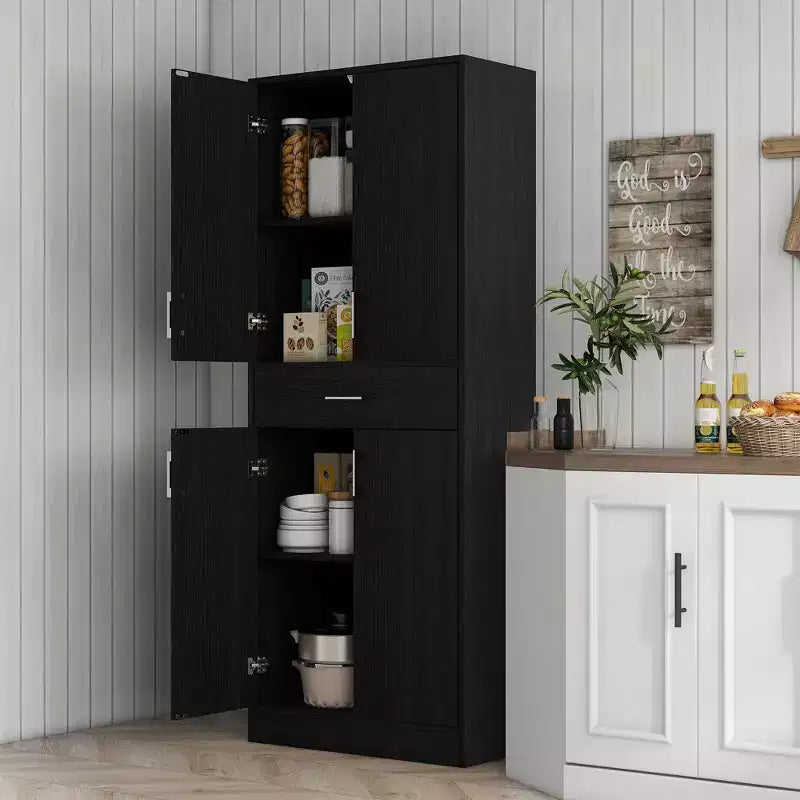 Dispensa da cucina indipendente in legno nero anticato, con 4 ante e cassetto, 1 persona