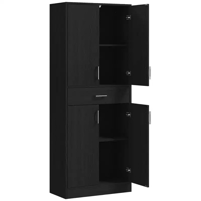 Dispensa da cucina indipendente in legno nero anticato, con 4 ante e cassetto, 1 persona